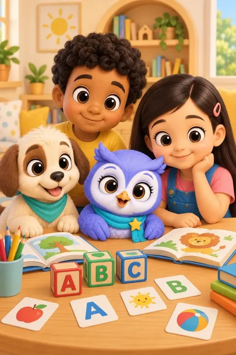 Léo, Lia, o cachorrinho e a Luma estudando juntos com blocos ABC e livros